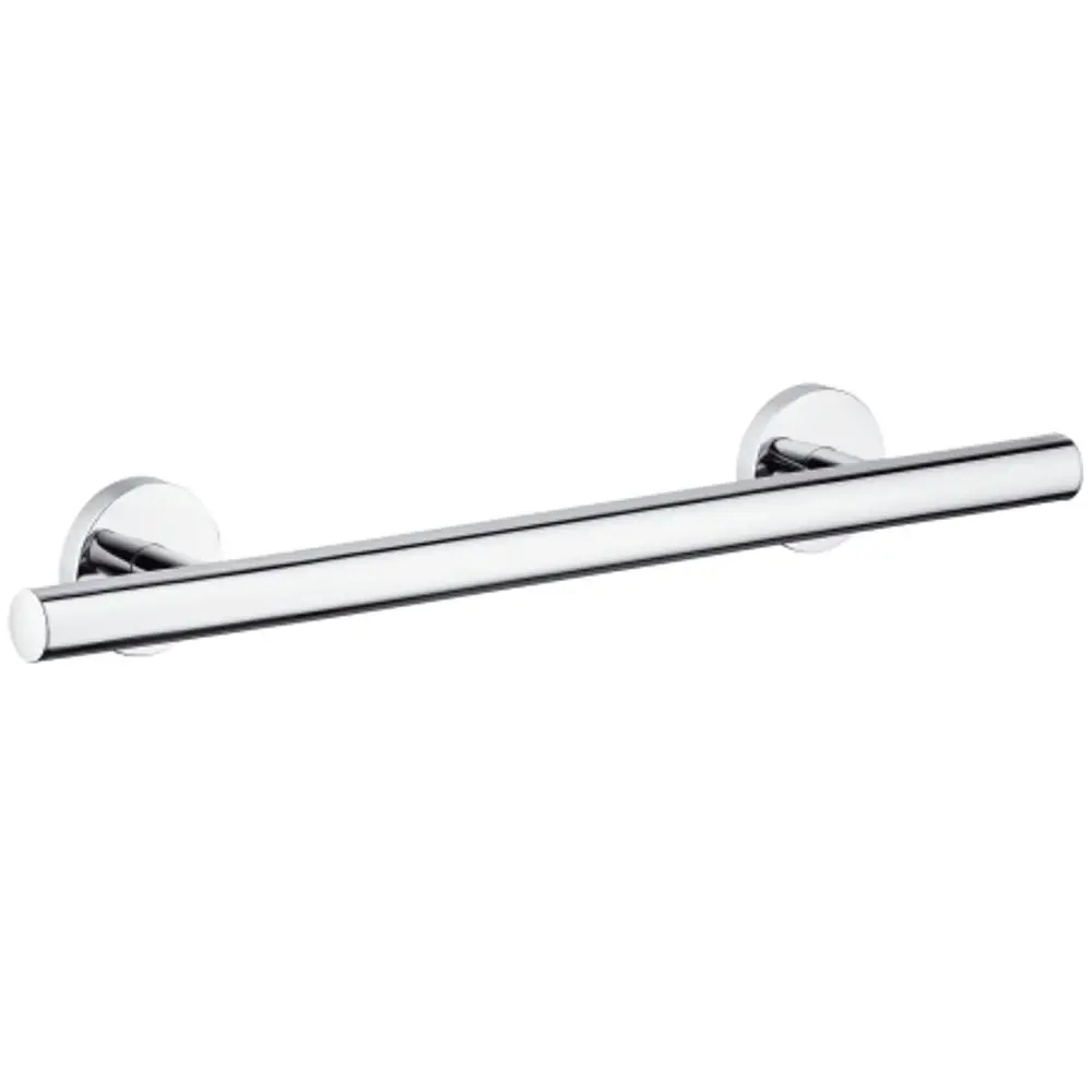 Chromfarbene Haltestange von Hansgrohe mit runden Wandbefestigungen. Die Stange hat eine schlanke Form und ist für die Montage an Wänden geeignet.